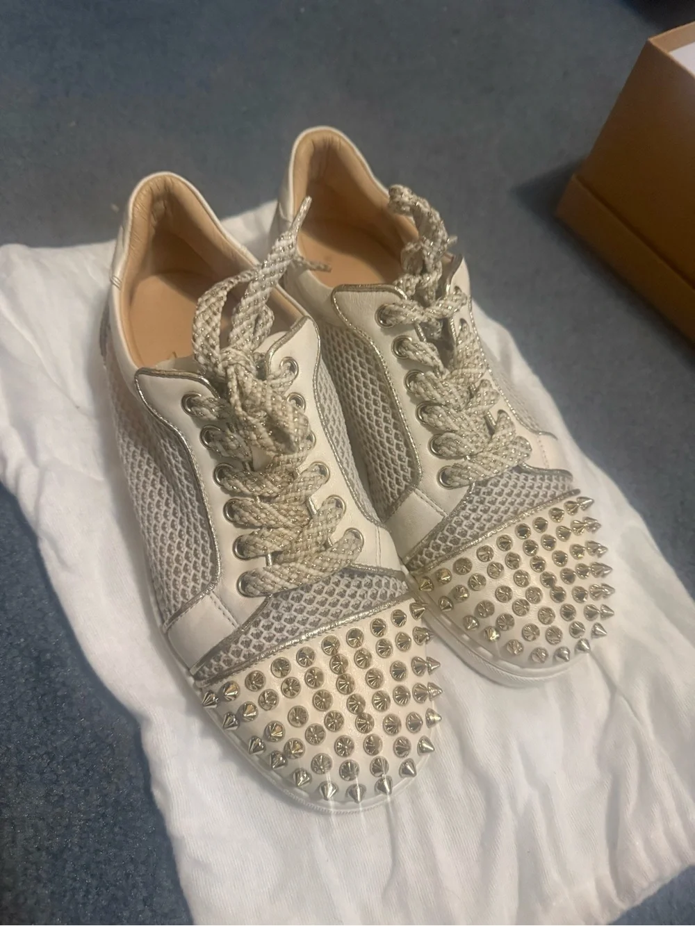 Christian Louboutin Gold Studded Ivory Leather & Mesh Women's Sneakers